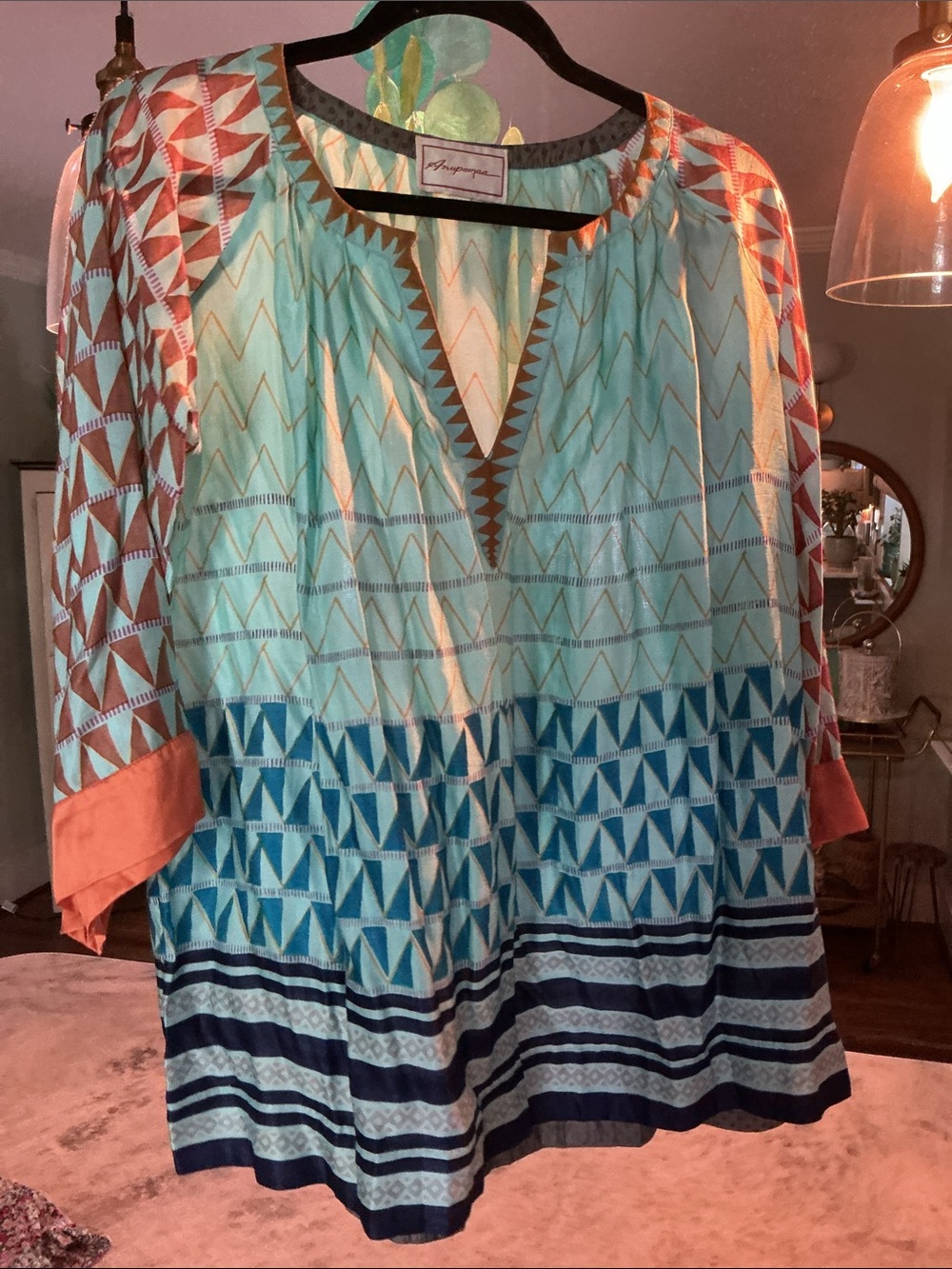 Anthropologie Anupamaa Multicolor Geometric Silk Blend Tunic Blouse, Size M